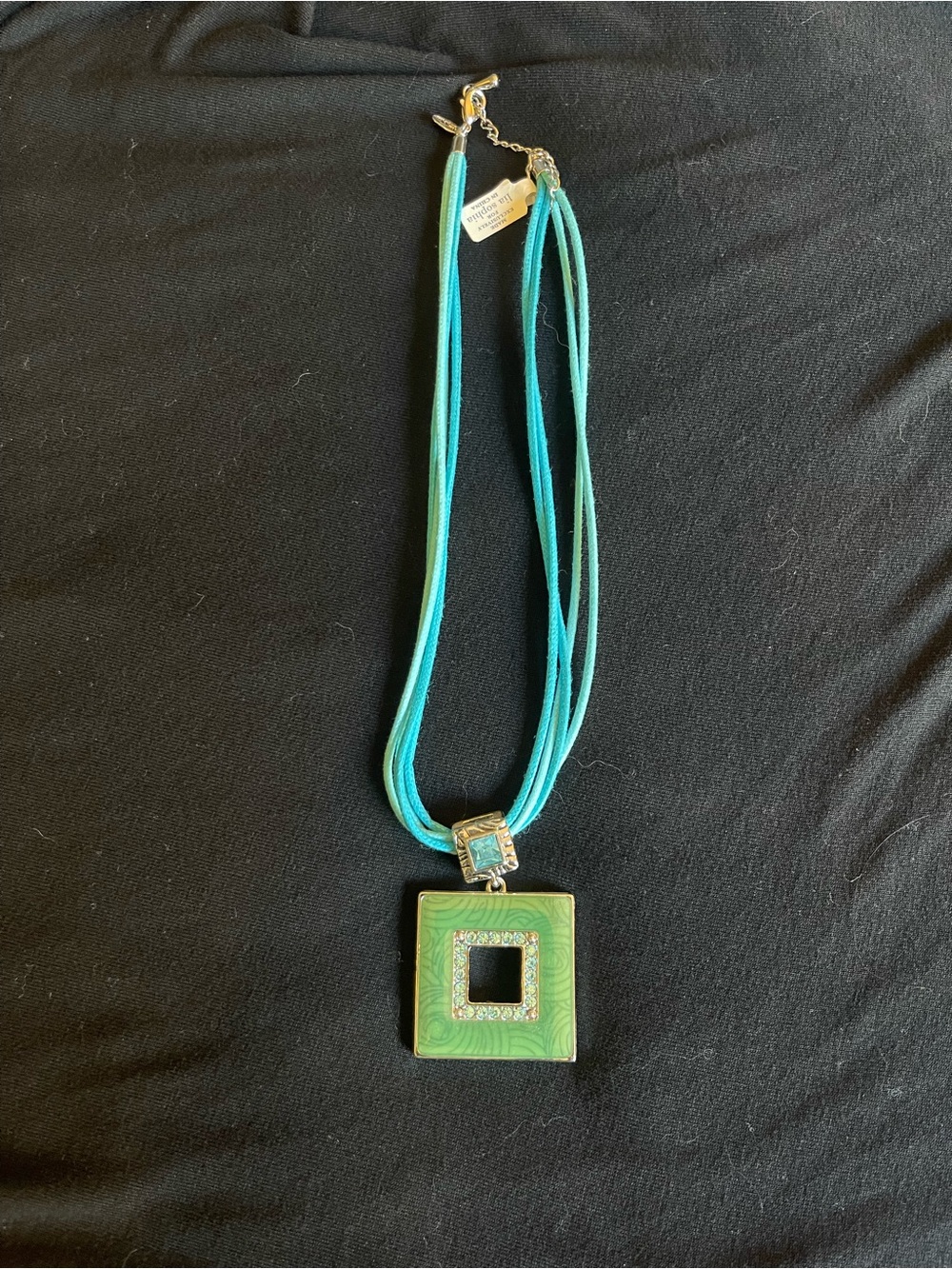Lia Sophia Teal Cord Necklace with Green Square Pendant